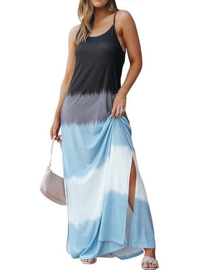 Trendy Backless Spaghetti Strap Tie-Dye Dress with Slit - Women's Stylish Casual Suspender Dress