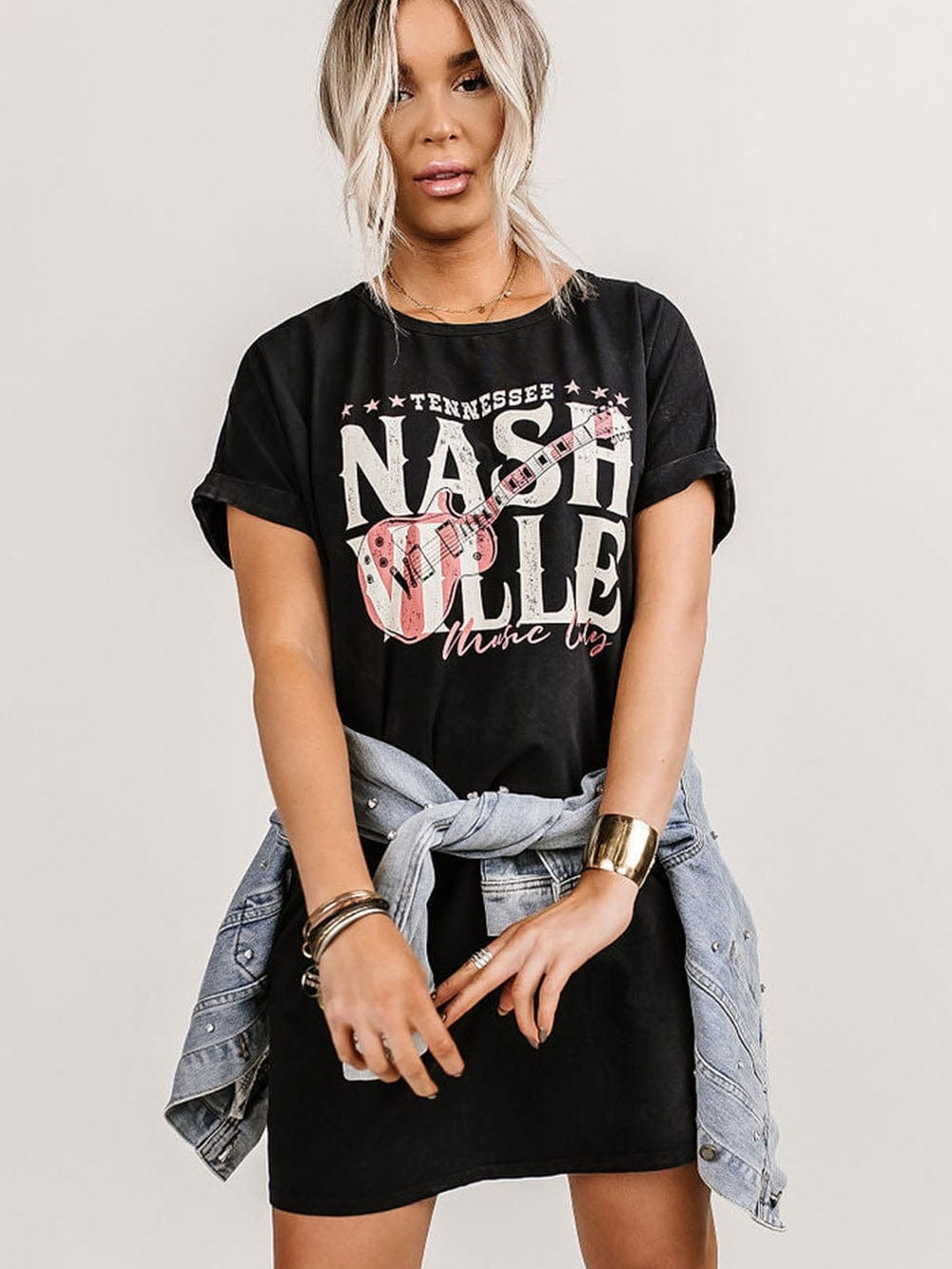 Trendy Black Music Festival Tee Dress with Nashville Vibe