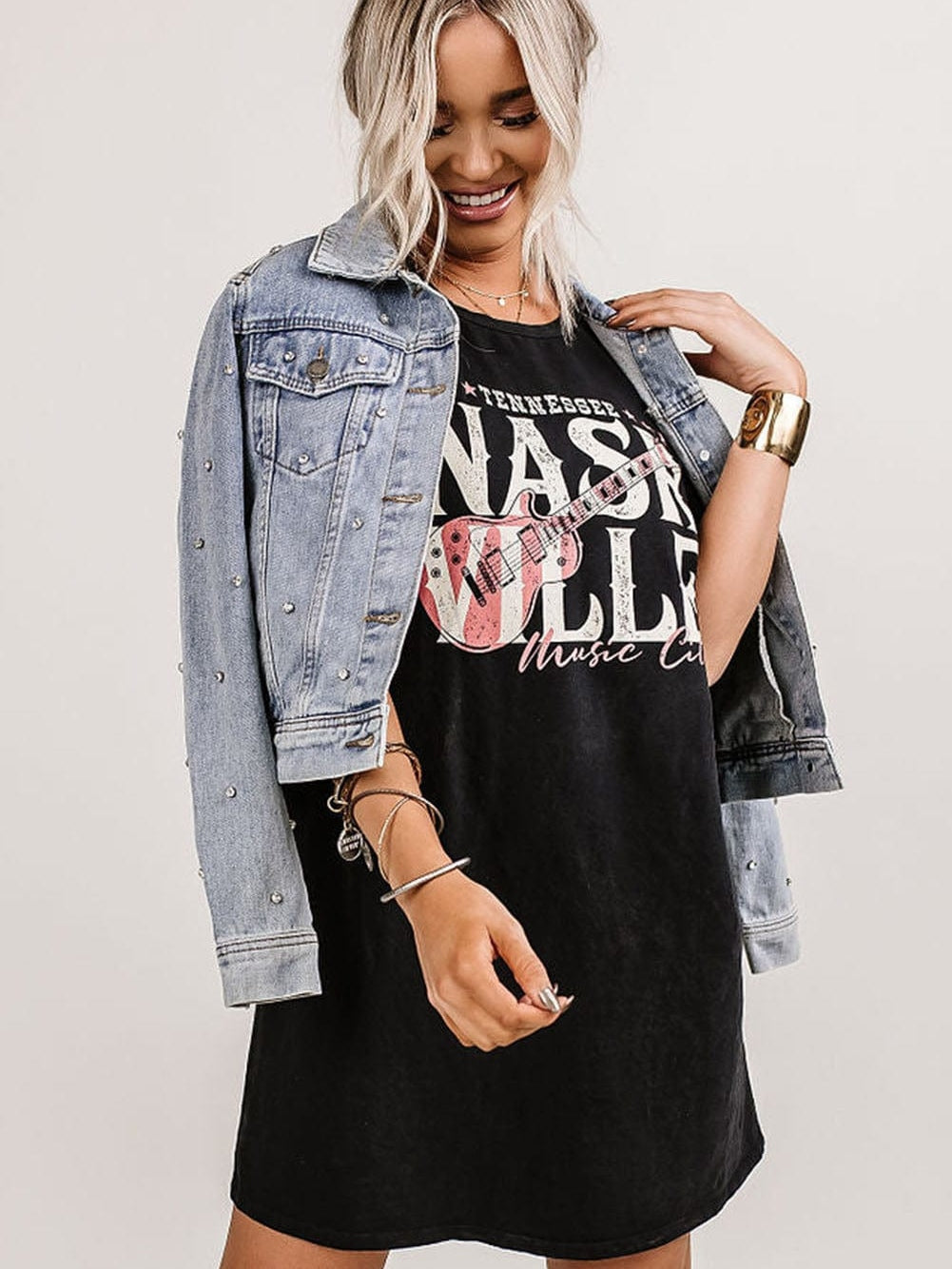 Trendy Black Music Festival Tee Dress with Nashville Vibe