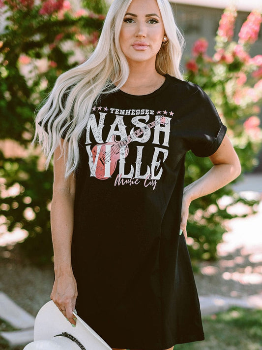 Trendy Black Music Festival Tee Dress with Nashville Vibe