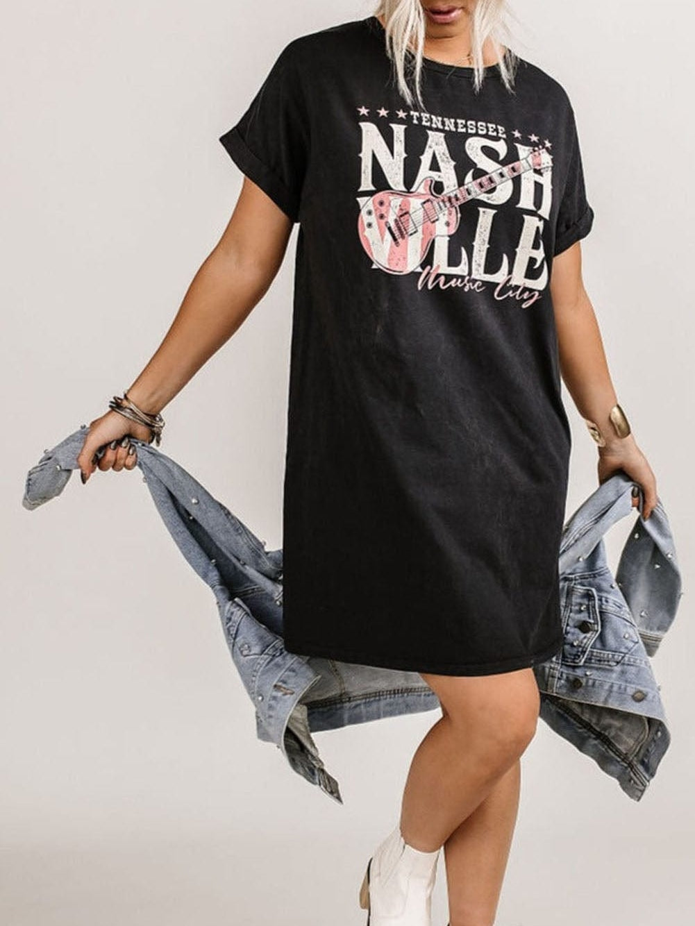Trendy Black Music Festival Tee Dress with Nashville Vibe