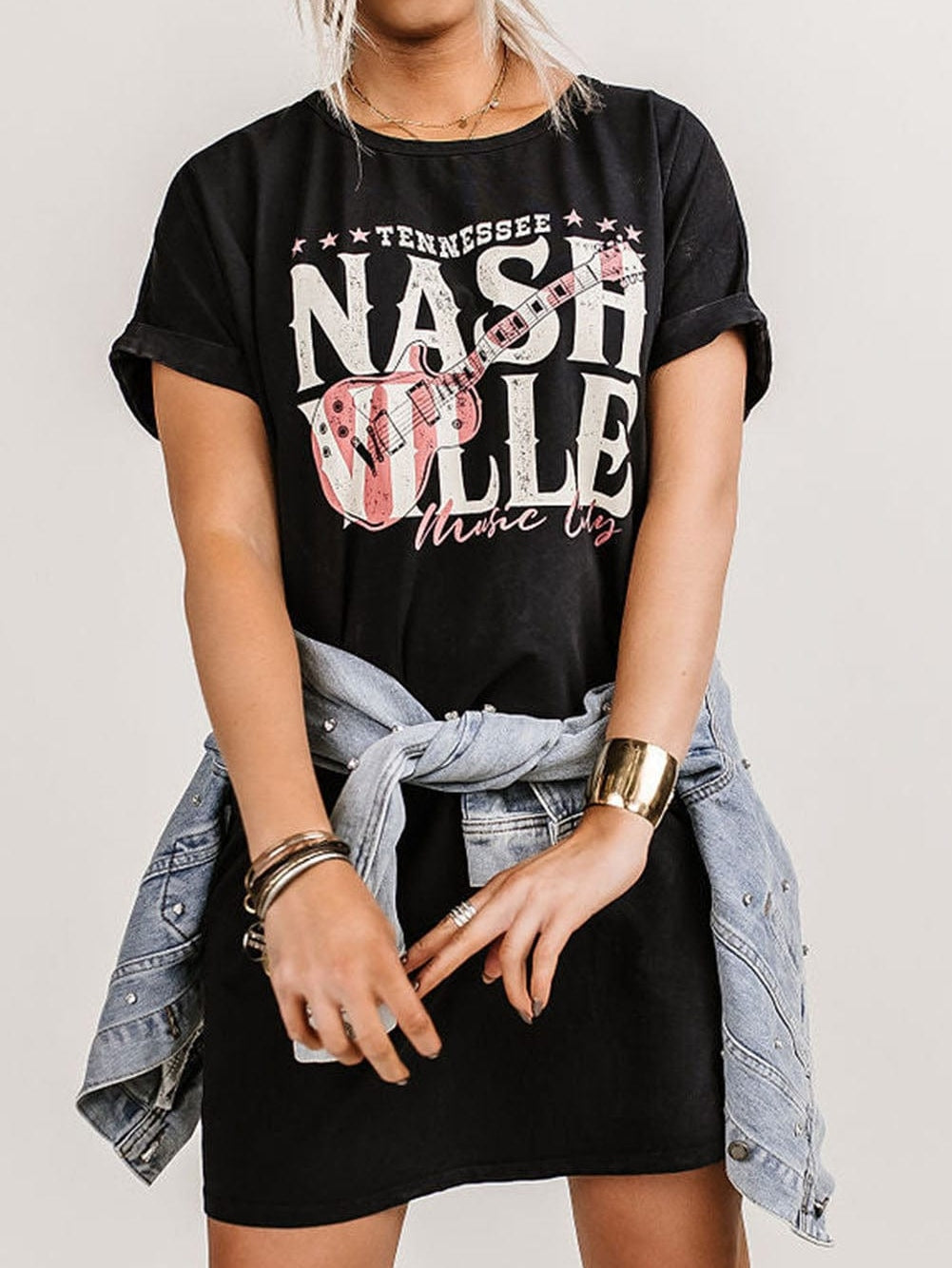 Trendy Black Music Festival Tee Dress with Nashville Vibe