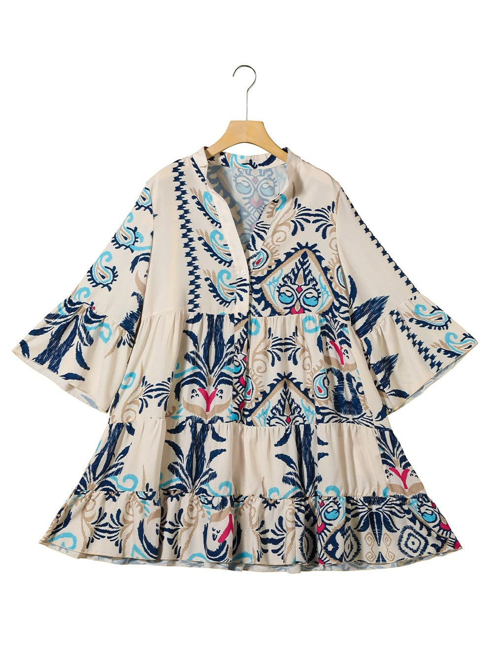 Tribal Print White Button-Up Mini Dress with Bracelet Sleeves