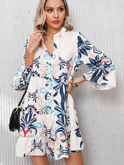 Tribal Print White Button-Up Mini Dress with Bracelet Sleeves
