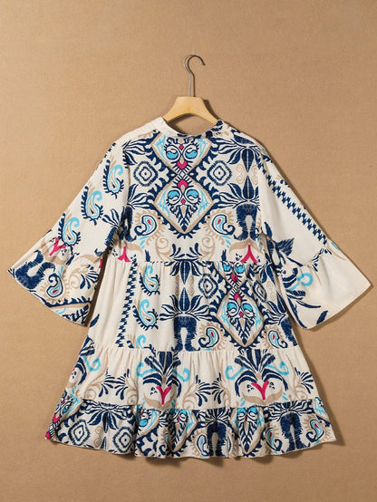 Tribal Print White Button-Up Mini Dress with Bracelet Sleeves