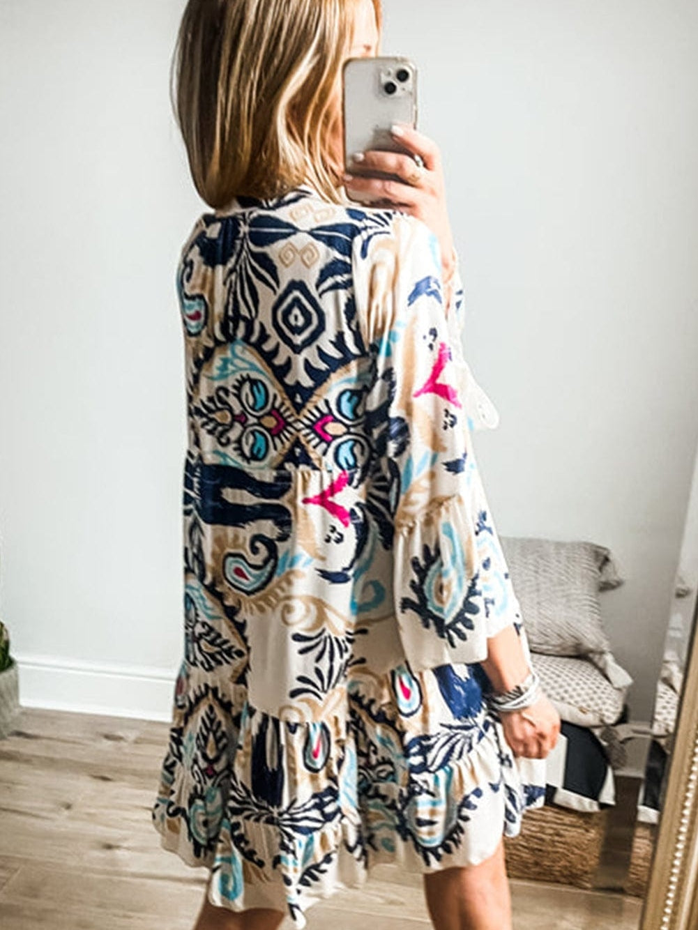 Tribal Print White Button-Up Mini Dress with Bracelet Sleeves