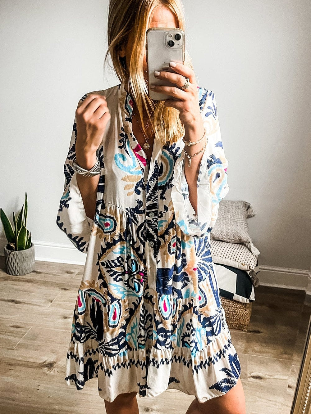 Tribal Print White Button-Up Mini Dress with Bracelet Sleeves