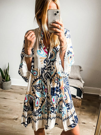 Tribal Print White Button-Up Mini Dress with Bracelet Sleeves