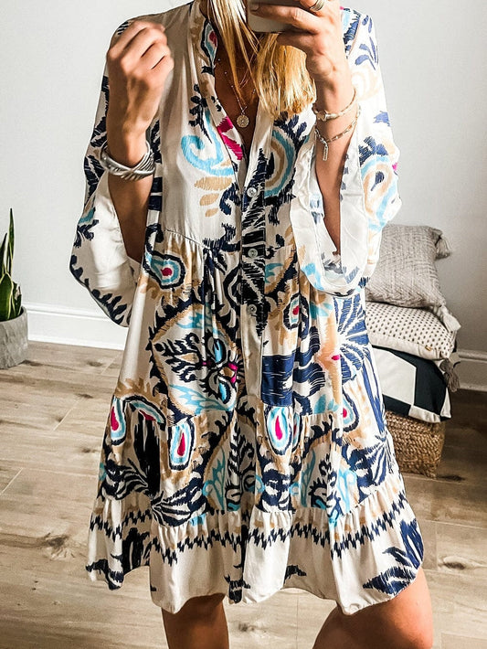 Tribal Print White Button-Up Mini Dress with Bracelet Sleeves