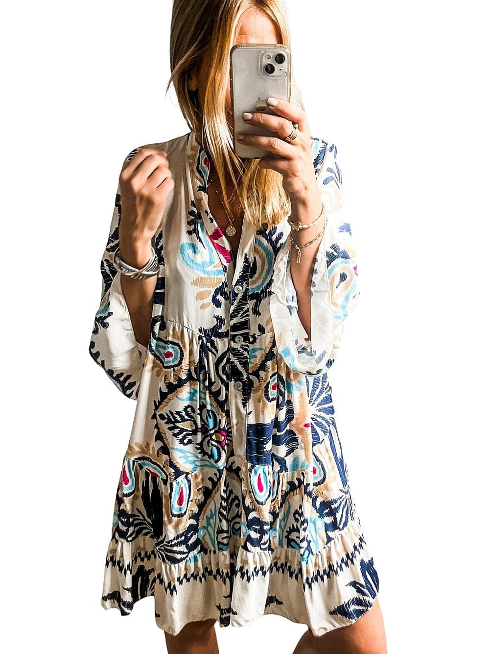 Tribal Print White Button-Up Mini Dress with Bracelet Sleeves