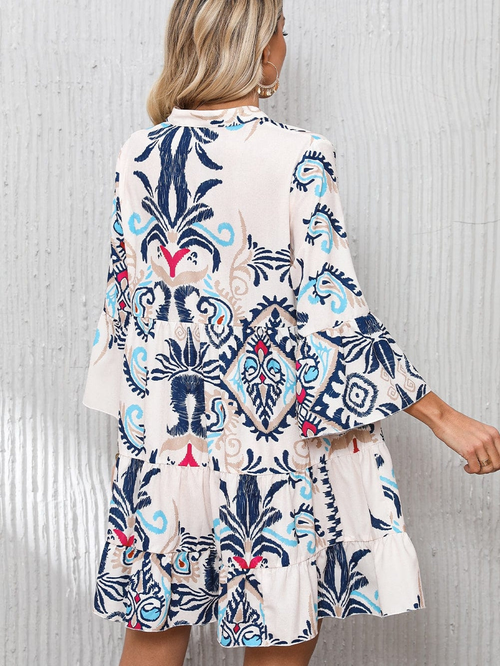 Tribal Print White Button-Up Mini Dress with Bracelet Sleeves