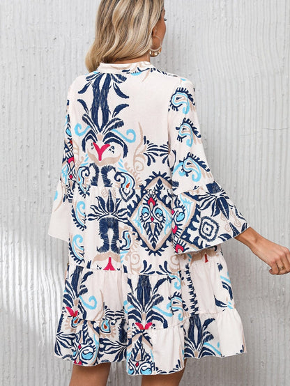 Tribal Print White Button-Up Mini Dress with Bracelet Sleeves