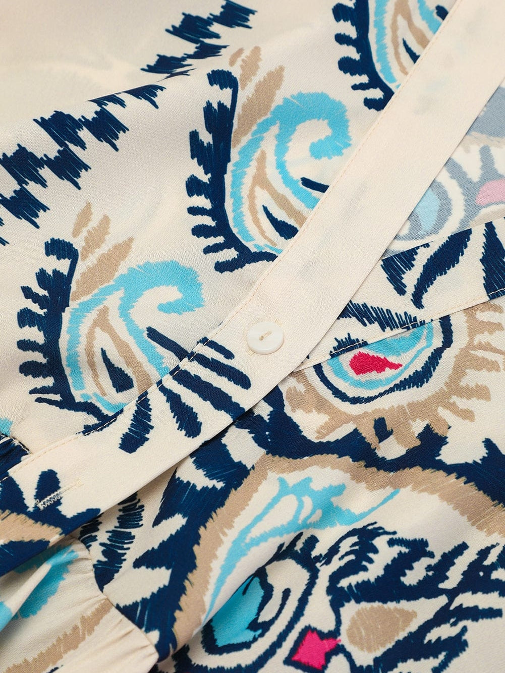 Tribal Print White Button-Up Mini Dress with Bracelet Sleeves