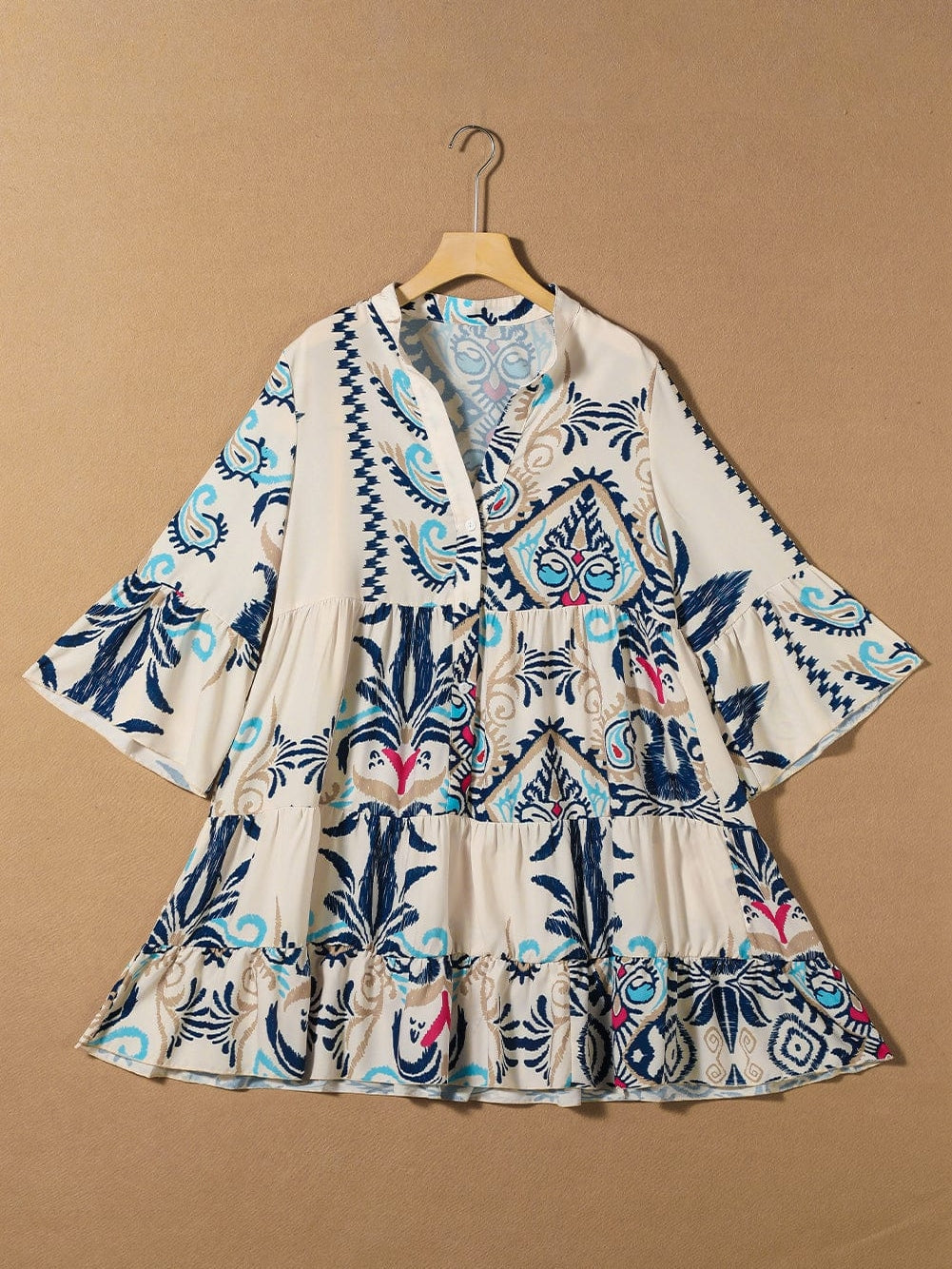 Tribal Print White Button-Up Mini Dress with Bracelet Sleeves