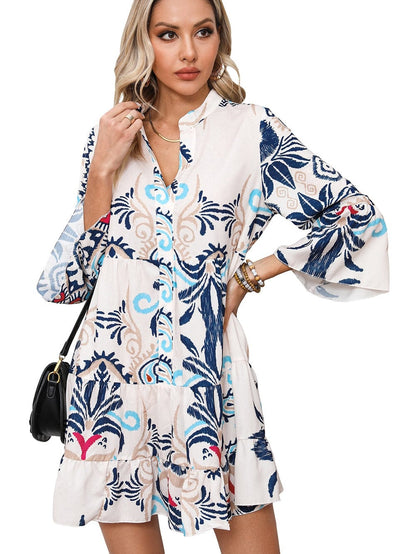 Tribal Print White Button-Up Mini Dress with Bracelet Sleeves