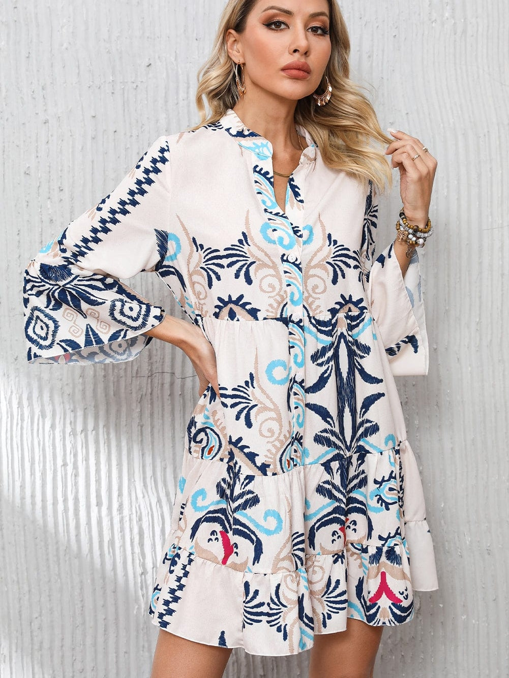 Tribal Print White Button-Up Mini Dress with Bracelet Sleeves