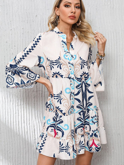 Tribal Print White Button-Up Mini Dress with Bracelet Sleeves