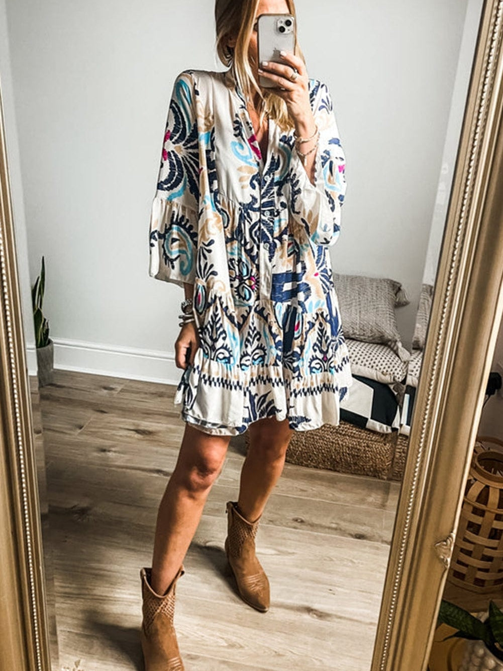 Tribal Print White Button-Up Mini Dress with Bracelet Sleeves