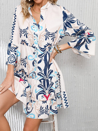 Tribal Print White Button-Up Mini Dress with Bracelet Sleeves