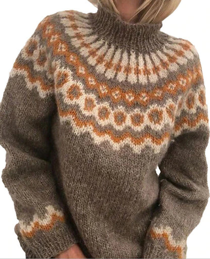 Women's Pullover Sweater Classic Style Multi Color Geometic Ethnic Casual Long Sleeve Sweater Cardigans High Neck Fall Winter Blue gray Grey Green / Holiday