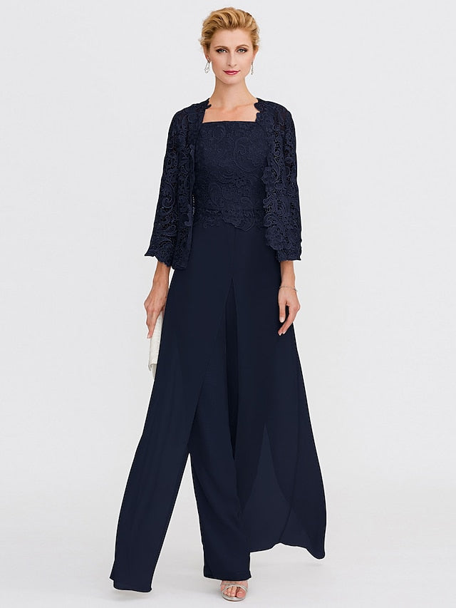 Jumpsuit / Pantsuit Mother of the Bride Dress Formal Plus Size Elegant Square Neck Floor Length Chiffon Corded Lace Sleeveless Wrap Included with Lace Appliques 2023 - LuckyFash™