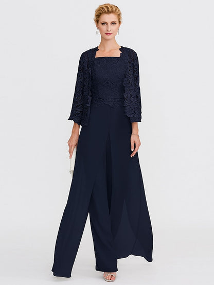 Jumpsuit / Pantsuit Mother of the Bride Dress Formal Plus Size Elegant Square Neck Floor Length Chiffon Corded Lace Sleeveless Wrap Included with Lace Appliques 2023 - LuckyFash™