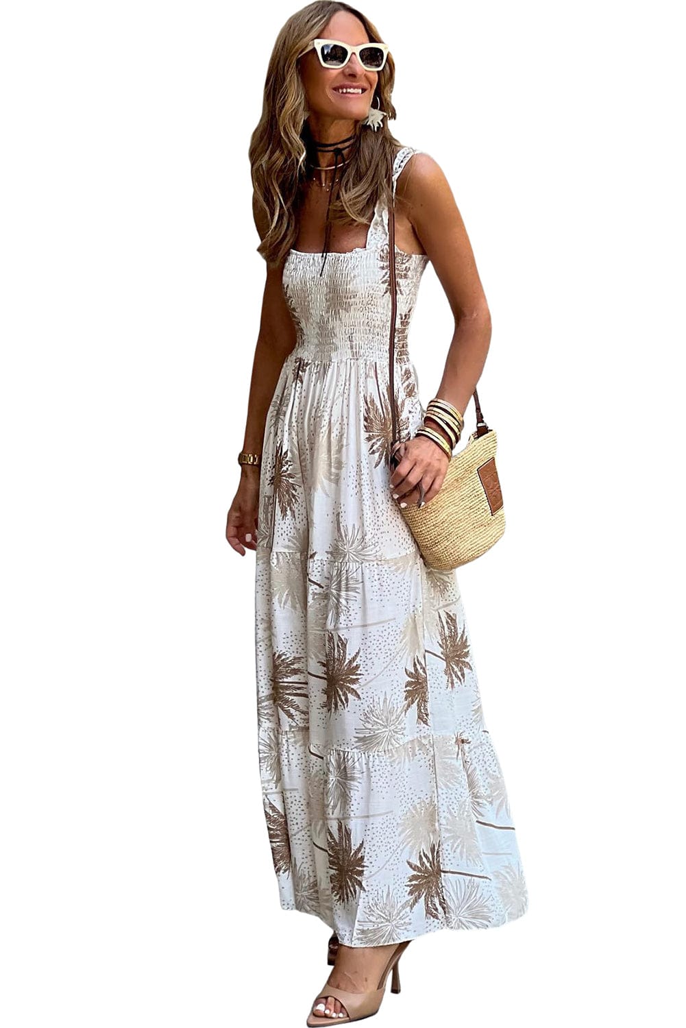 Tropical Bliss White Smocked Ruffle Strap Maxi Dress