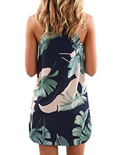 Tropical Palm Leaf Print High Neck Summer Dress
