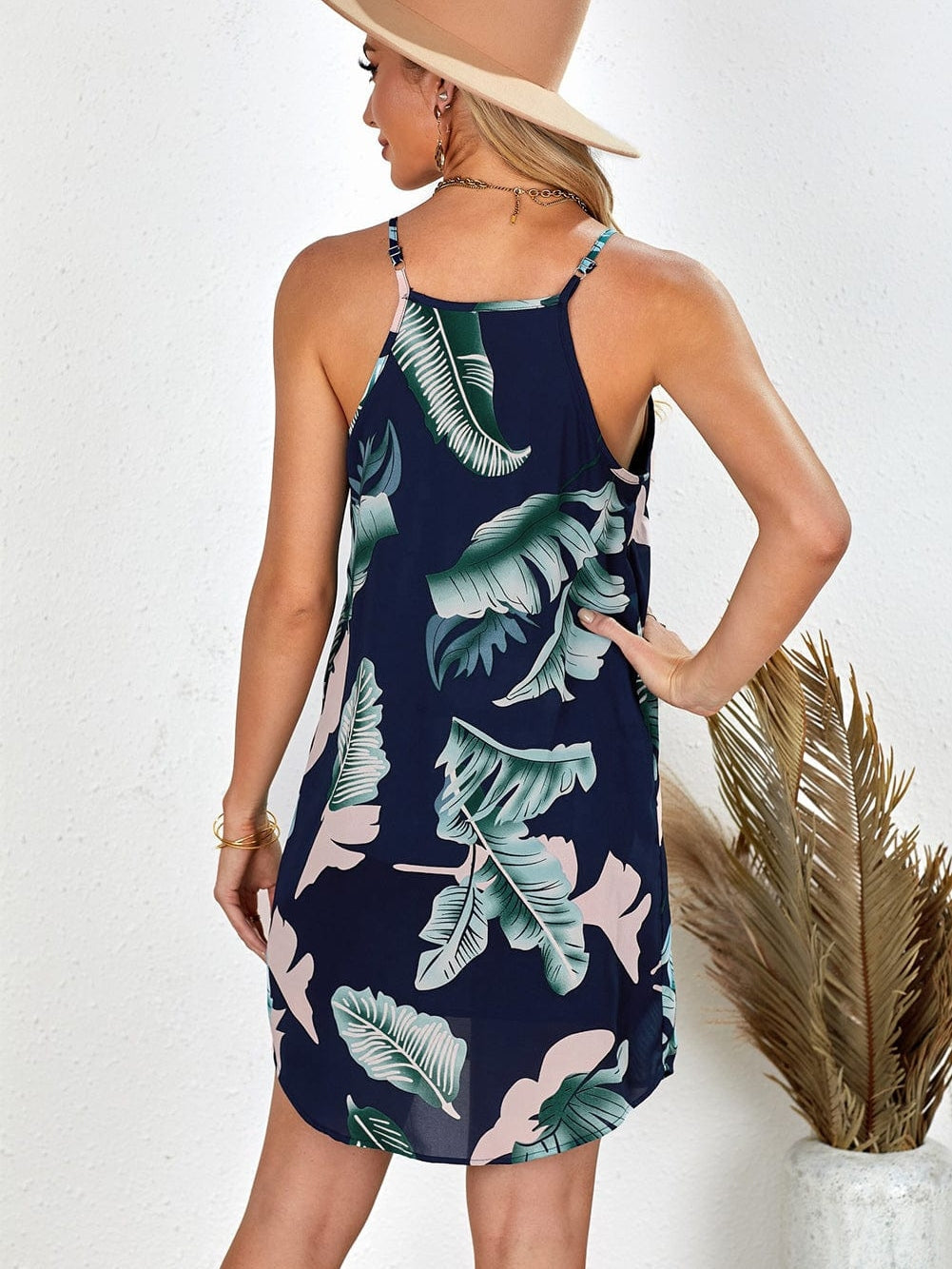 Tropical Palm Leaf Print High Neck Summer Dress