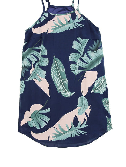 Tropical Palm Leaf Print High Neck Summer Dress
