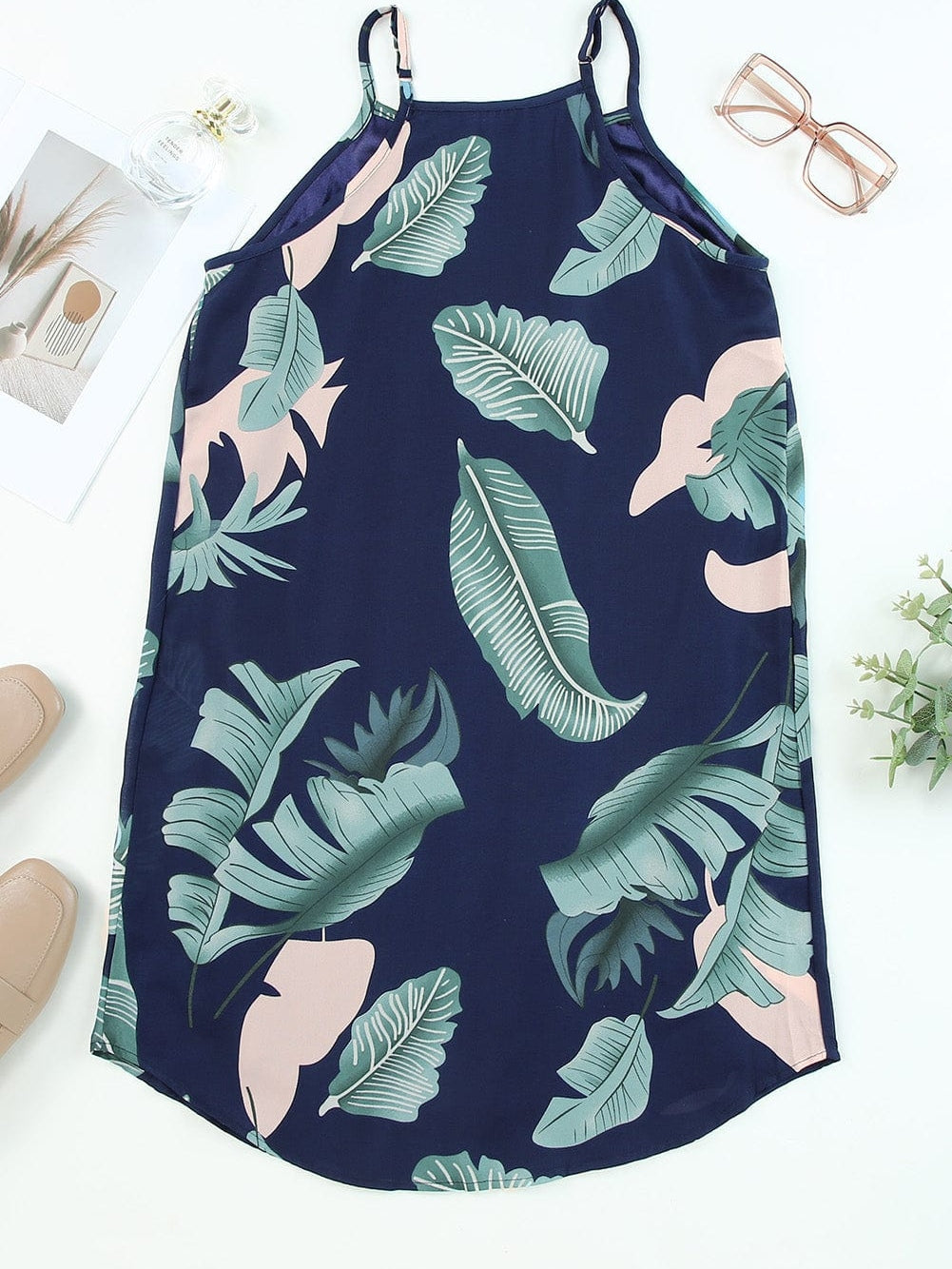 Tropical Palm Leaf Print High Neck Summer Dress