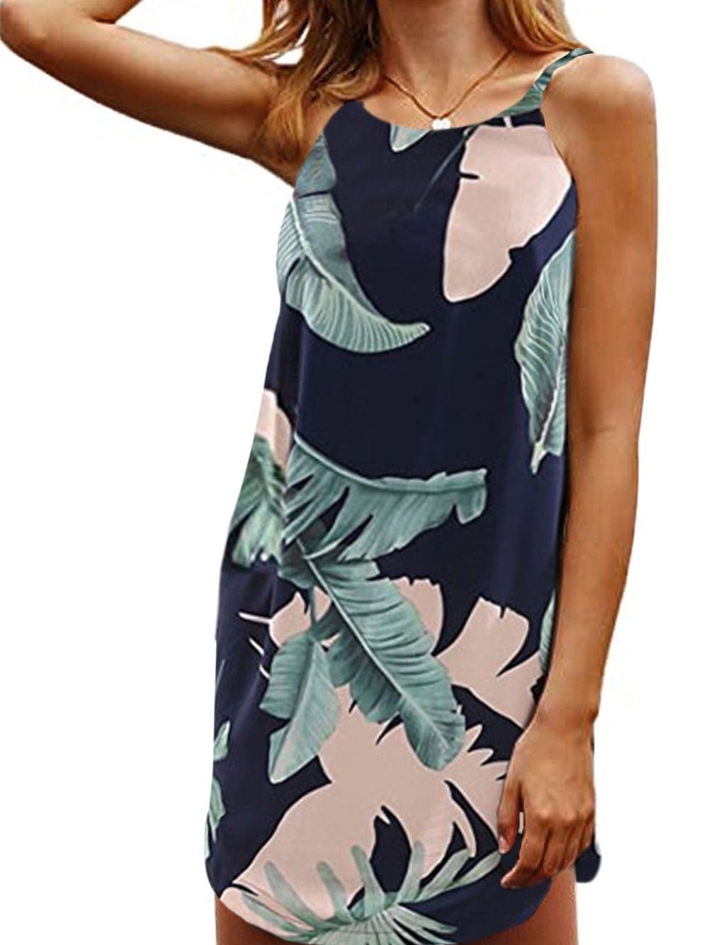 Tropical Palm Leaf Print High Neck Summer Dress