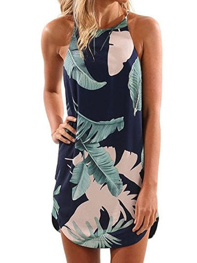Tropical Palm Leaf Print High Neck Summer Dress