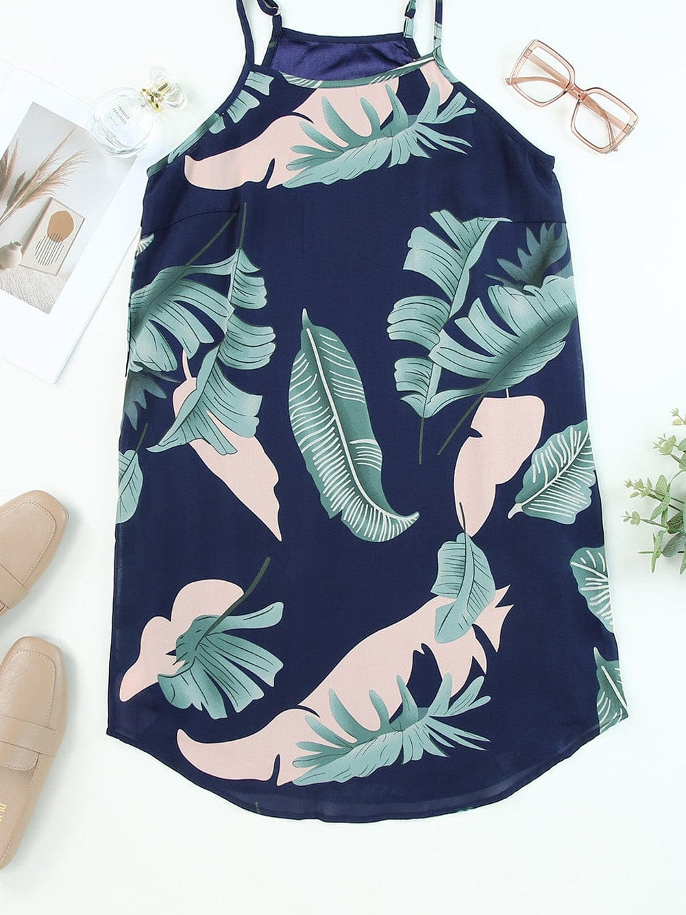 Tropical Palm Leaf Print High Neck Summer Dress