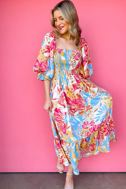 Tropical Paradise Rose Red Smocked Puff Sleeve Maxi Dress