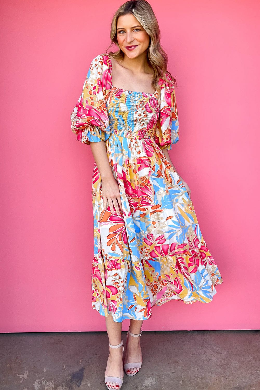 Tropical Paradise Rose Red Smocked Puff Sleeve Maxi Dress