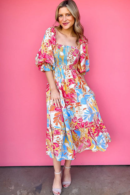 Tropical Paradise Rose Red Smocked Puff Sleeve Maxi Dress