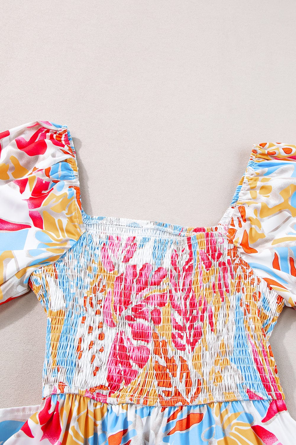 Tropical Paradise Rose Red Smocked Puff Sleeve Maxi Dress