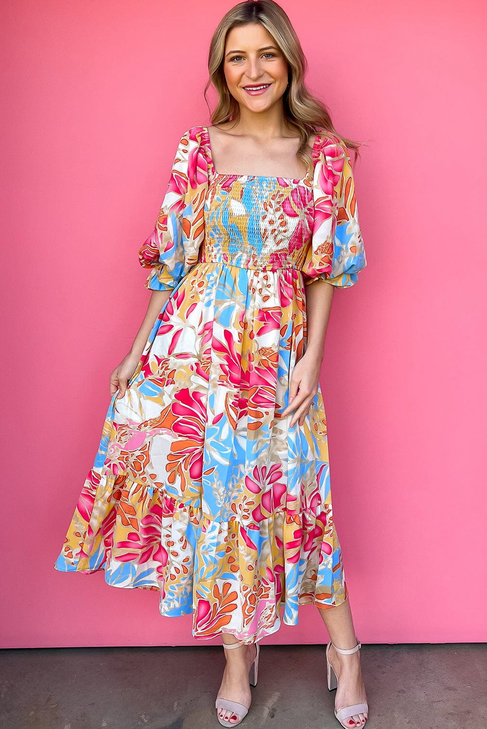 Tropical Paradise Rose Red Smocked Puff Sleeve Maxi Dress