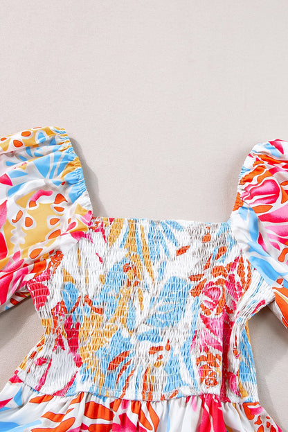 Tropical Paradise Rose Red Smocked Puff Sleeve Maxi Dress