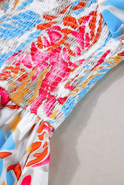 Tropical Paradise Rose Red Smocked Puff Sleeve Maxi Dress