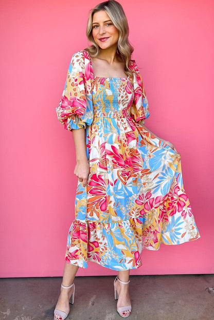 Tropical Paradise Rose Red Smocked Puff Sleeve Maxi Dress