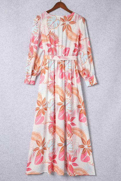Tropical Paradise Wrap Maxi Dress with High Slit and Plant Print