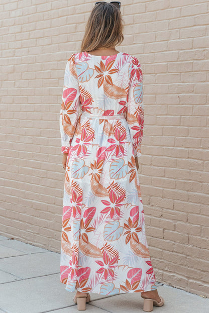 Tropical Paradise Wrap Maxi Dress with High Slit and Plant Print