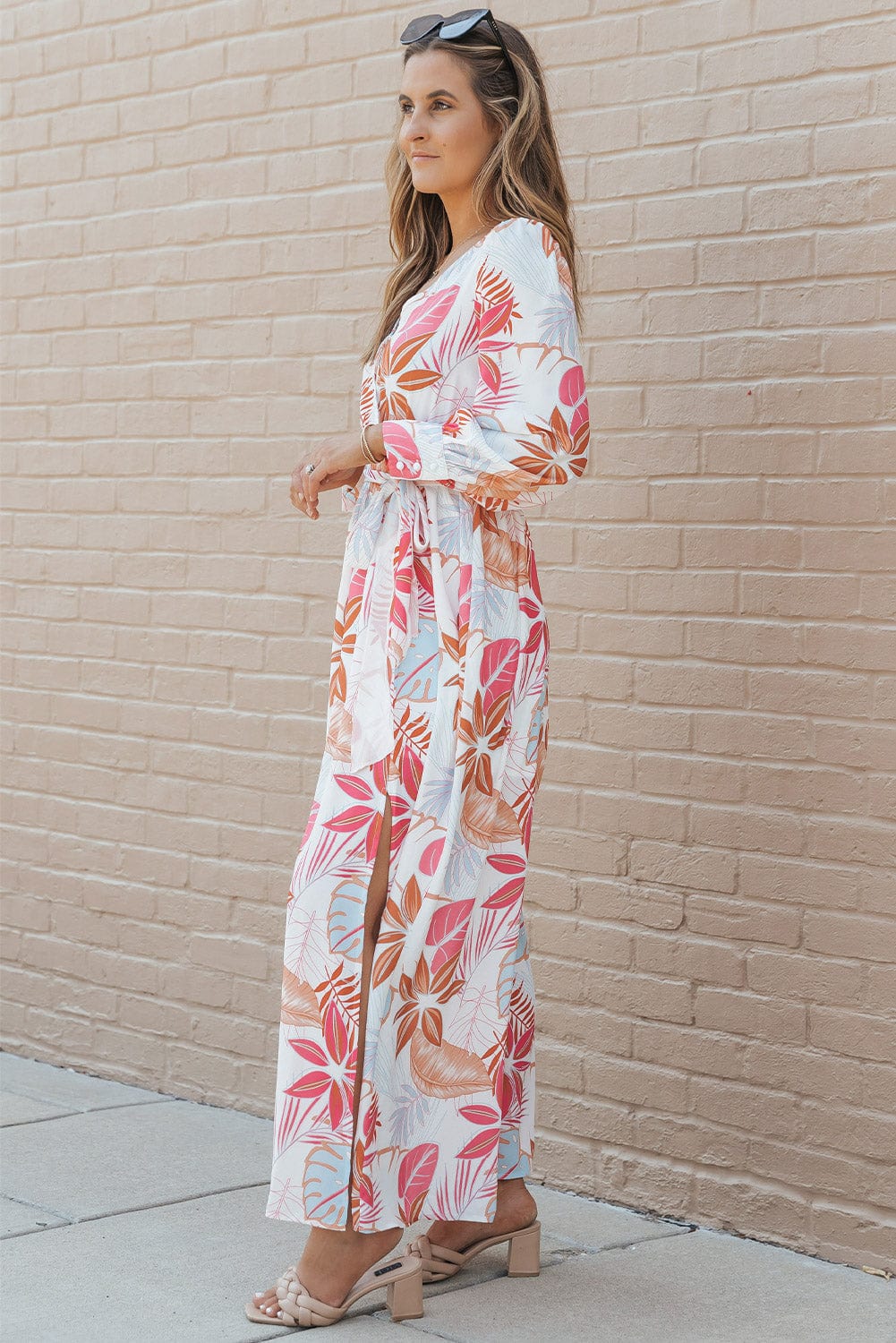 Tropical Paradise Wrap Maxi Dress with High Slit and Plant Print