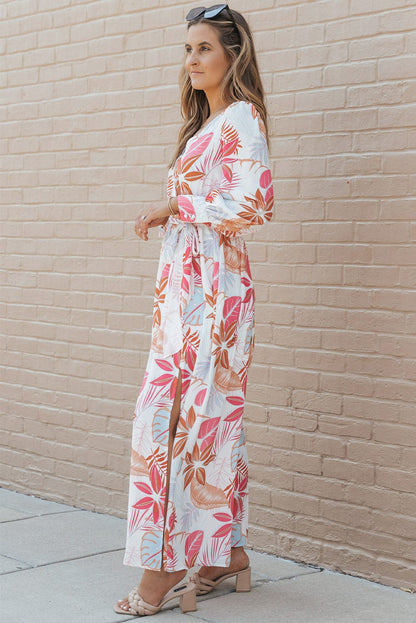 Tropical Paradise Wrap Maxi Dress with High Slit and Plant Print