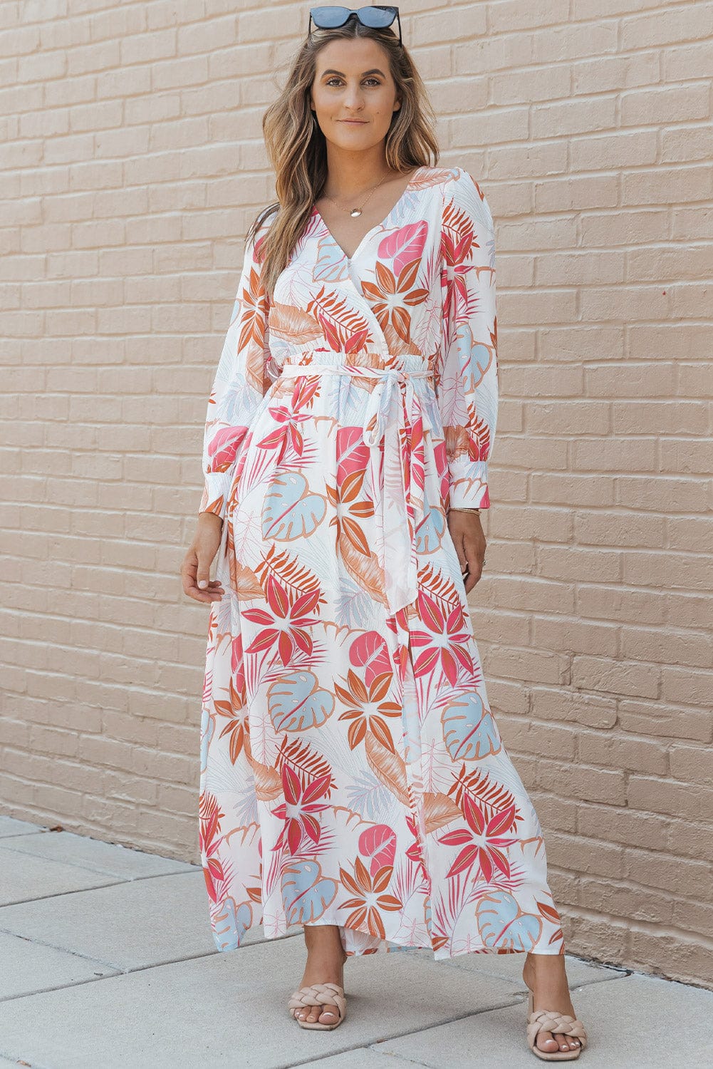 Tropical Paradise Wrap Maxi Dress with High Slit and Plant Print