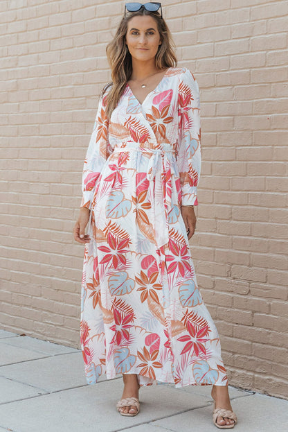 Tropical Paradise Wrap Maxi Dress with High Slit and Plant Print