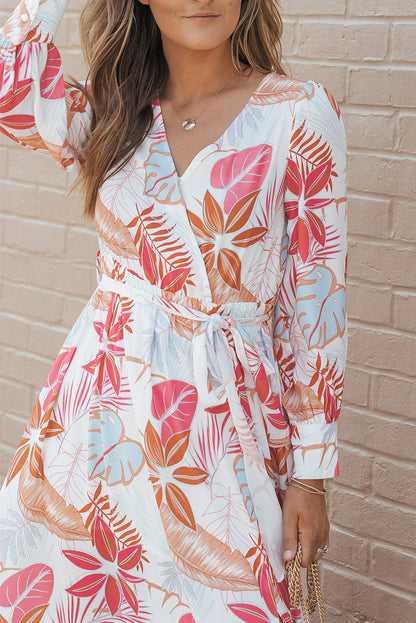 Tropical Paradise Wrap Maxi Dress with High Slit and Plant Print