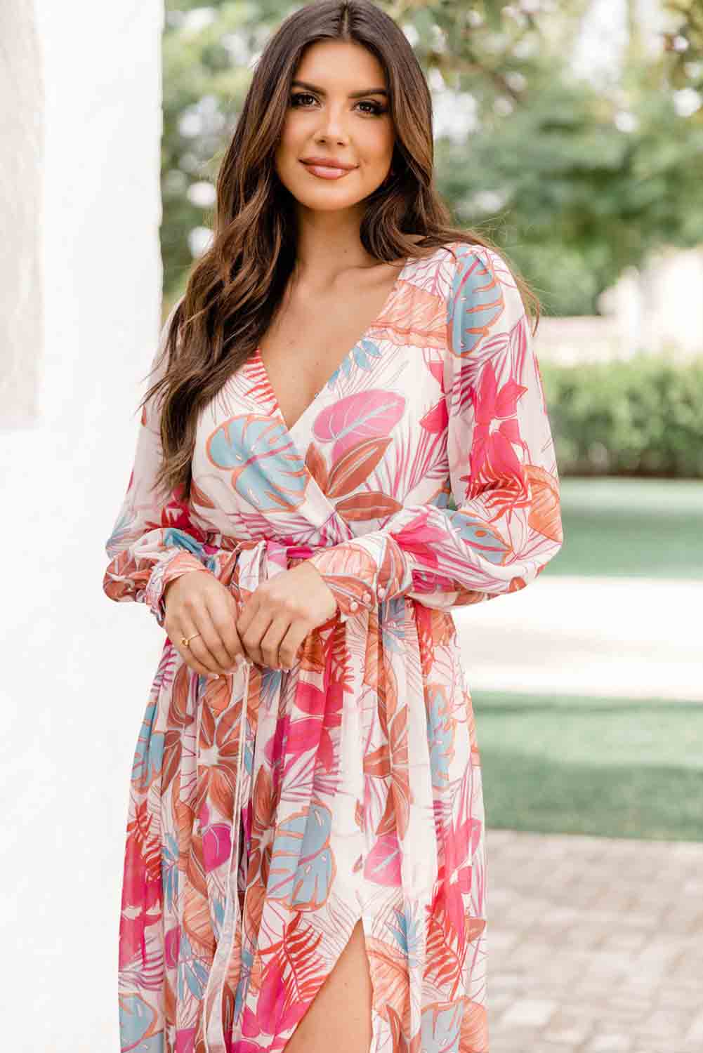 Tropical Paradise Wrap Maxi Dress with High Slit and Plant Print